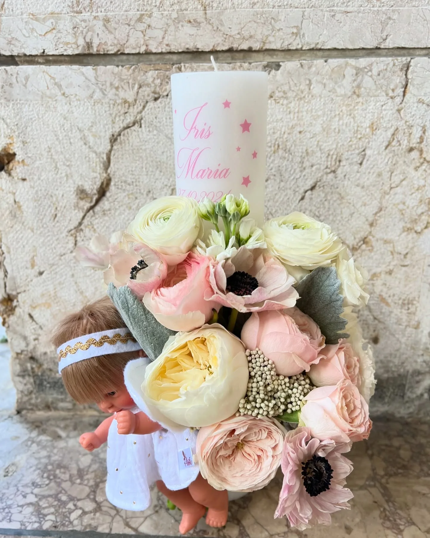 Lumânare de botez cu trandafiri pastel